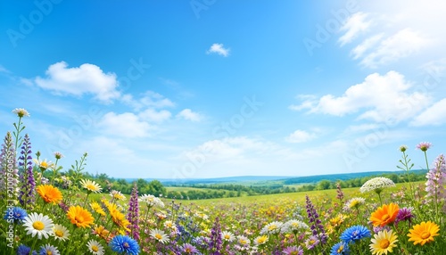 Blue Sky with Green Meadow and Beautiful Summer Landscape