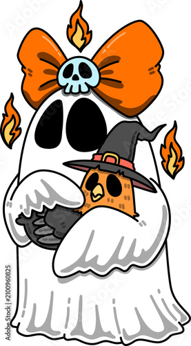 Halloween Ghost Holding a Hen with Fire Cartoon