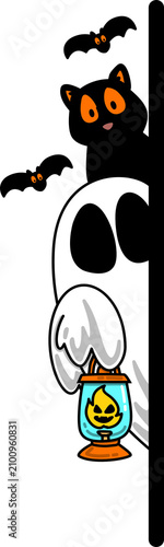 Halloween Ghost Holding a Lantern Peeking with Black Cat and Bat Border Decoration
