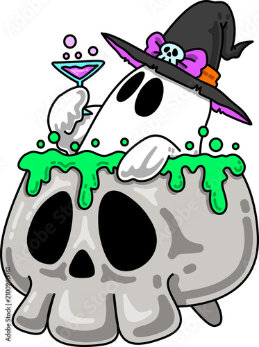 Halloween Ghost in Witch Hat in Skull Cauldron Cartoon