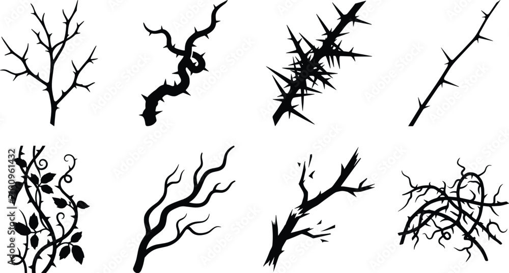 Obraz premium Dead Tree Branch and Thorny Vine Silhouette Collection Isolated Black Vector Nature Elements Set