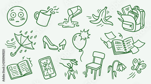 Photos Collection of hand-drawn icons representing accidents, mishaps, and everyday struggles with a simple green outline style