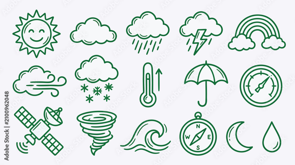 Obraz premium Collection of hand-drawn weather icons representing various meteorological phenomena and forecasting tools.