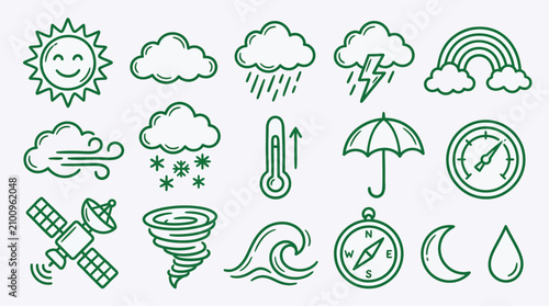 Tableau sur toile Collection of hand-drawn weather icons representing various meteorological phenomena and forecasting tools