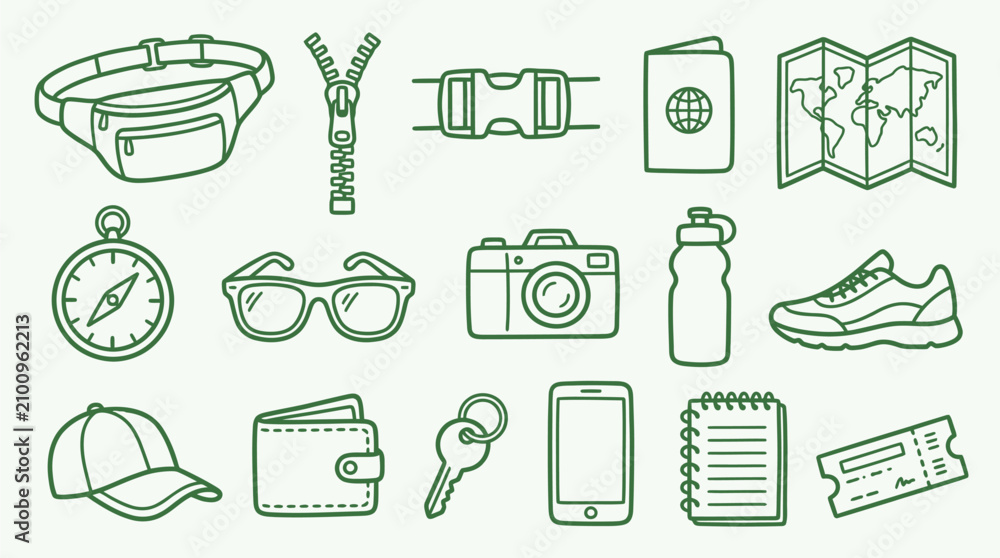 Fototapeta premium Collection of travel and adventure icons including a passport, map, camera, and compass.