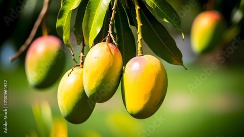 Ripe mangoes hanging from a tree branch with green leaves and blurred background fruit tropical