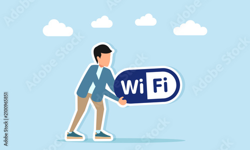 Man holding wifi text icon illustration of wireless network setting concept
