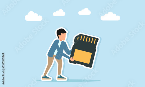 Man holding micro SD card illustration of storage technology concept