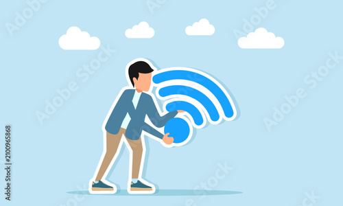 Man holding wifi icon illustration of wireless network setting concept