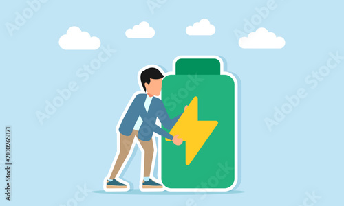Man holding electricity icon near battery illustration of electrical energy management technology concept