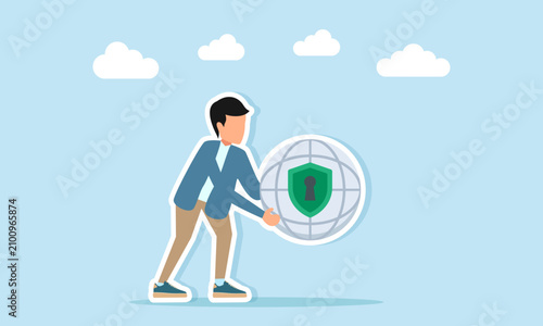 Man holding globe icon with shield and keyhole illustration of network security technology concept