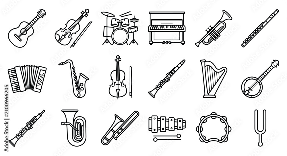 Fototapeta premium Assortment of musical instruments in a clean line art style against a white background for diverse design projects