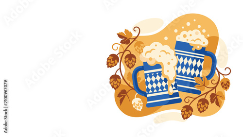 Photos Two frothy beer steins with autumn hops and barley decoration.