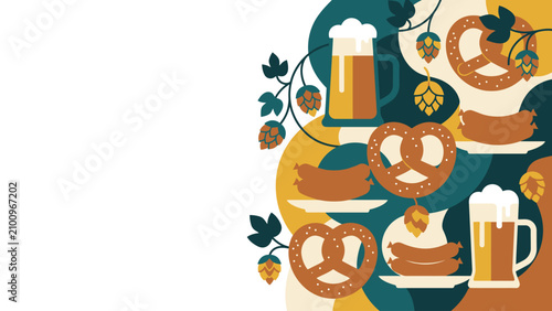 Colorful festive illustration of beer mugs pretzels and sausages.