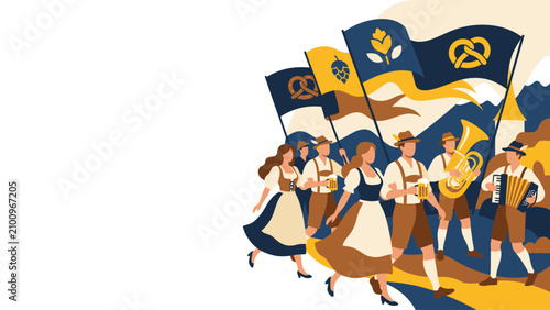 Foto Illustrated Bavarian folk parade with musicians and traditional costumes