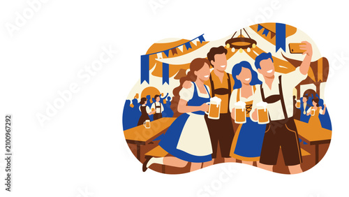 Group of people in traditional Bavarian dress celebrating at an outdoor beer festival.