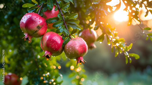 Ripe red pomegranates with water droplets on a branch in golden sunlight fruit desi