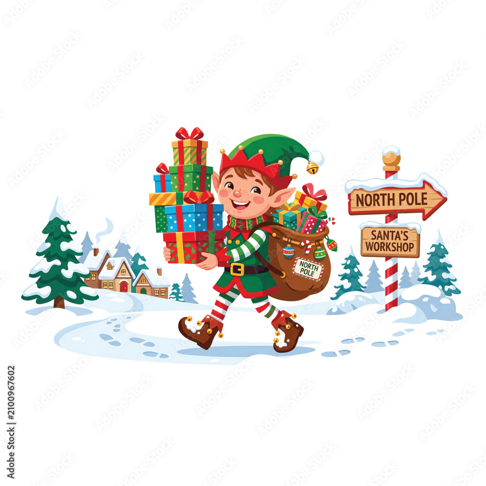 Fototapeta premium A cheerful elf carries colorful gifts through a snowy landscape towards North Pole.