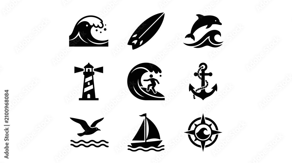 Fototapeta premium Ocean sports and nautical navigation black silhouette icons.