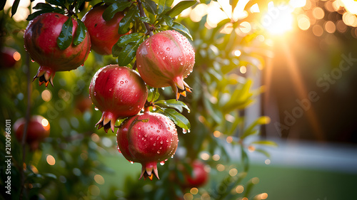 Ripe red pomegranates with water droplets on a tree branch at sunset fruit