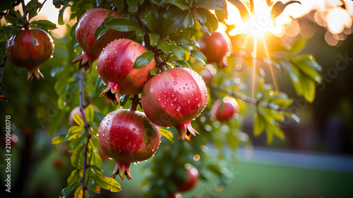 Ripe red pomegranates with water droplets on branches in golden sunlight fruit fresh desi
