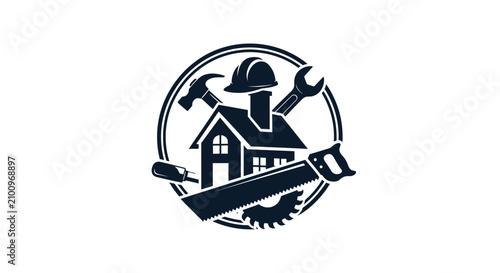 Construction logo with house tools with hat hammer wrench house hard architecture illustration renovation carpentry building graphic design with symbol