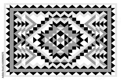 Monochrome tribal geometric rug medallion pattern with symmetrical diamonds, arrows, zigzags, and decorative borders for textile and surface design.