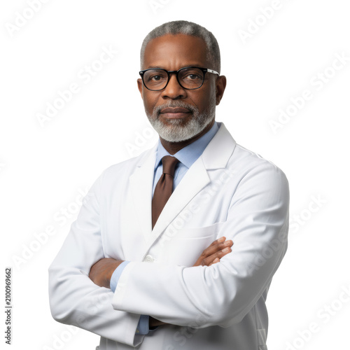 Middle-aged african american man with salt-and-pepper beard and glasses wearing a white lab coat and blue shirt standing confidently in a clinical expert atmosphere