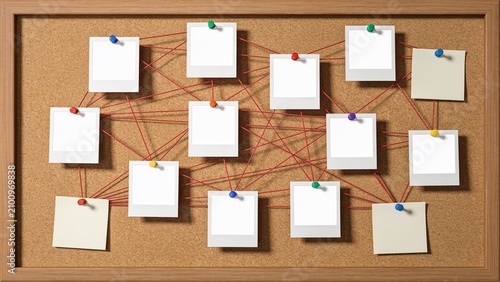 Foto Detective investigation board with blank photo frames and sticky notes connected
