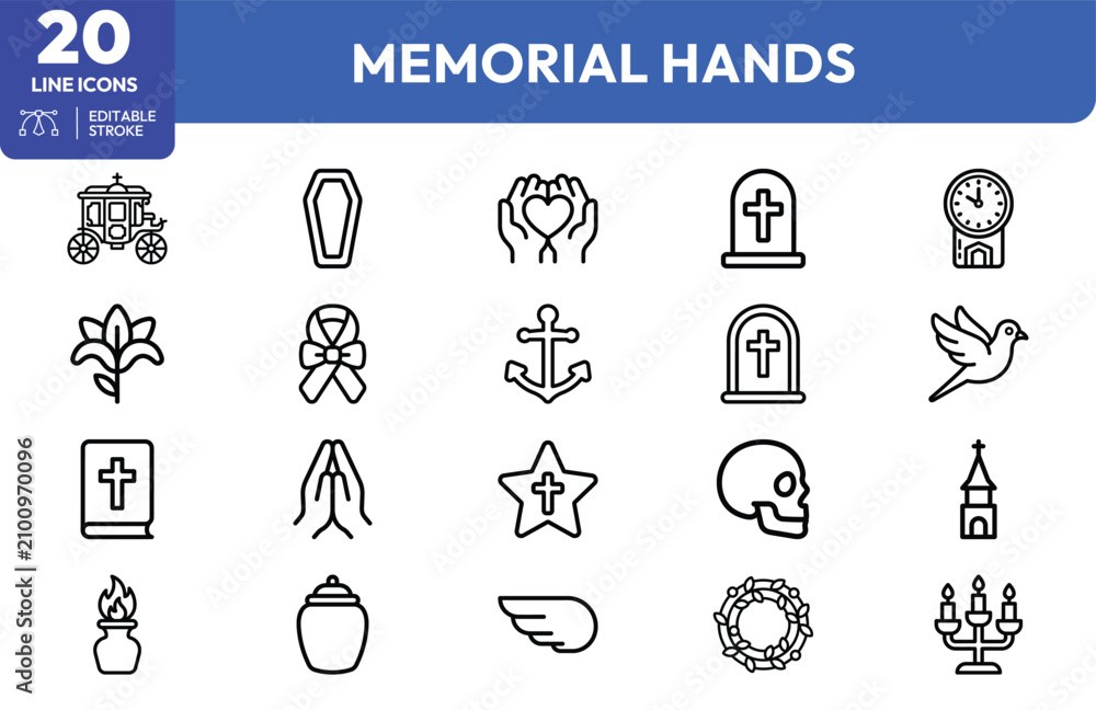 Obraz premium Legacy Remembrance Symbols set. Containing hearse, hourglass, urn, wreath, dove, anchor, flame, church, cross, skull, angel wing, prayer hands, tombstone, candle. Editable stroke. Vector illustration.