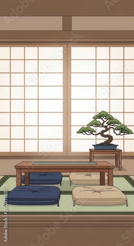 Serene Japanese Room With Bonsai Tree And Low Table