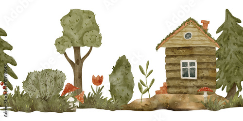 Bild auf Leinwand Whimsical watercolor fairytale forest cottage surrounded by tall trees, mushroom