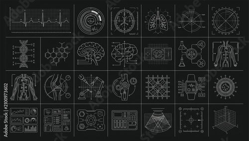 Biomedical digital interface set featuring human body systems and laboratory scanning elements for scientific data visualization biomedical interface laboratory scanning scientific