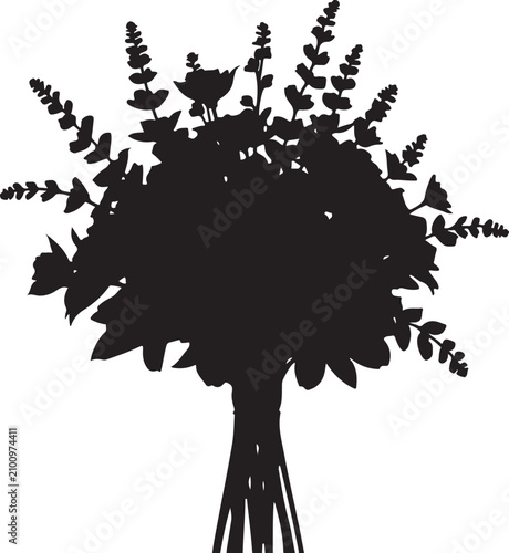 Black silhouette of a bouquet with flowers and leaves