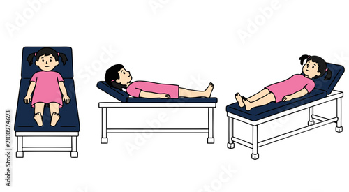 Title
Female Child Patient Examination Positions on Medical Examination Table Flat Vector Healthcare Illustration Set Isolated on White Background