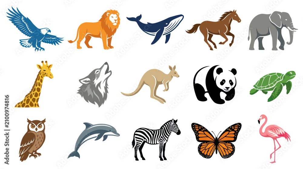 Obraz premium Set of Animal Icons: Flat Design Vector Illustrations of Wildlife for Nature and Zoo Concepts