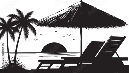 Black and white tropical beach scene silhouette with palm trees thatched umbrella and deck chairs at sunset tropical umbrella silhouette illustration