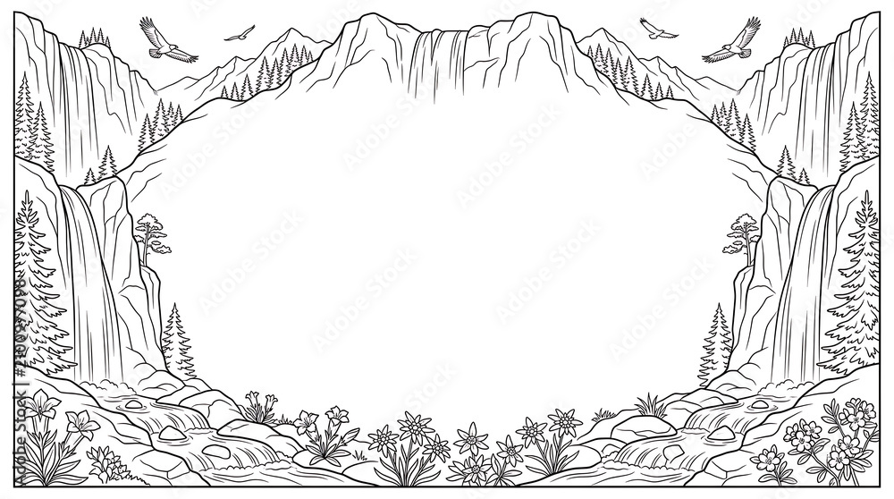 Obraz premium Mountain Landscape Line Art Frame with Waterfalls and Pine Trees