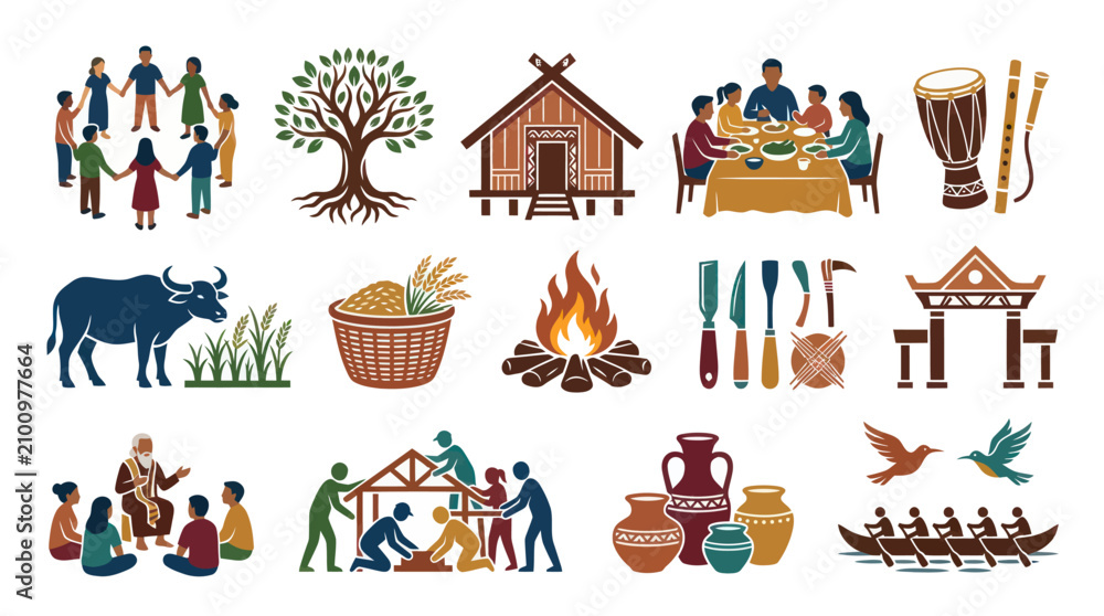 Obraz premium Traditional Culture and Community Life Flat Vector Icons Set. Agriculture, Heritage, and Village Symbols.