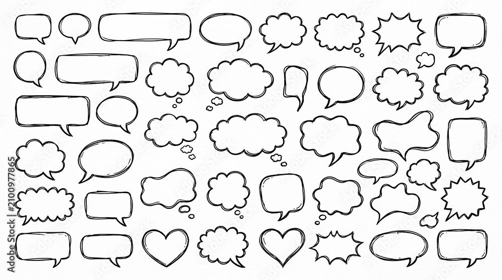 Fototapeta premium Hand drawn speech bubbles collection. Doodle talk balloons for comic design elements.