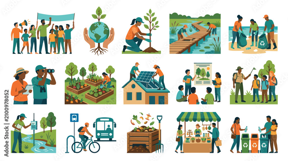 Naklejka premium Flat Illustration of Diverse People Promoting Environmental Sustainability and Recycling