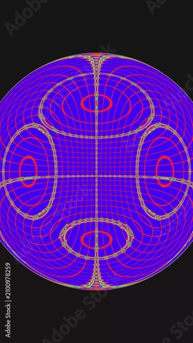 Abstract Blue Sphere with Morphing Red and Green Geometric Patterns On Black Background