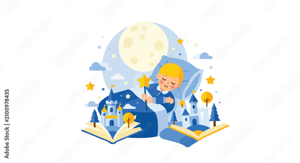Obraz premium A young boy sleeps peacefully under a large moon, surrounded by magical pop-up book scenes of castles and stars as he holds a golden star wand.