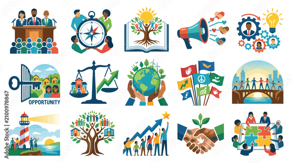 Fototapeta premium Flat Vector Illustration Set: Social Responsibility, Community, Diversity, Business Collaboration Concepts Symbols.