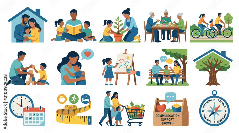 Naklejka premium Flat Design Vector Illustrations: Family Life, Health, Well-being, Community, and Growth Icons Set