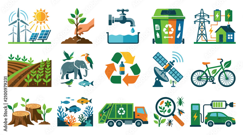 Fototapeta premium Flat Style Icons for Ecology, Environment, Renewable Energy, and Sustainability