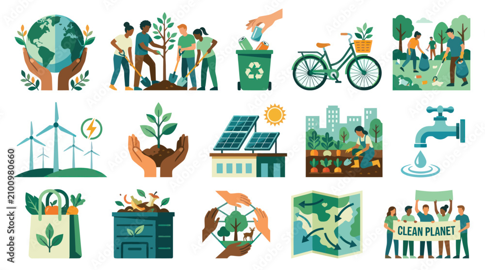 Fototapeta premium Environmental Protection and Sustainability Flat Vector Illustration Set. Eco-Friendly, Green Energy Clean Planet Concepts