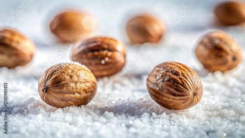 Tiny aromatic nutmeg seeds suspended individually against pristine snowy whites of unblemished elegance and perfect serenity