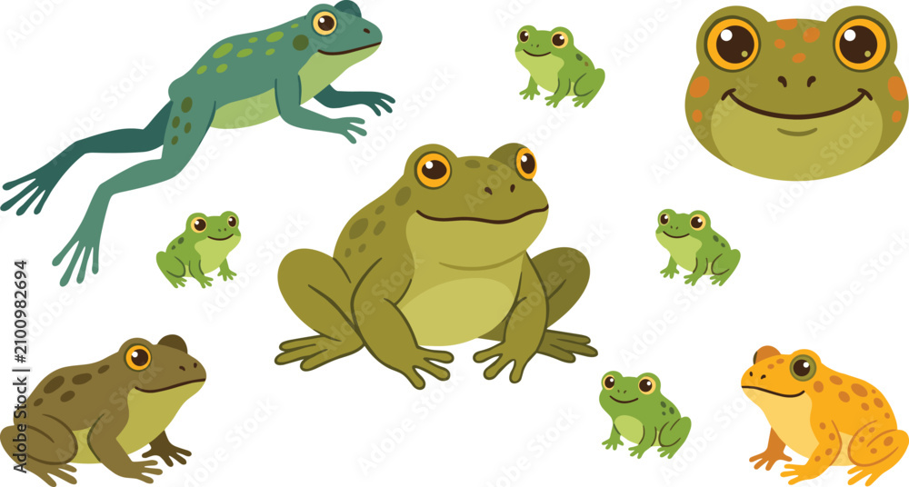 Naklejka premium Cute Frog Collection Vector Illustration Set with Cartoon Tree Frogs, Toads, Amphibians, and Wildlife Characters Isolated on White Background