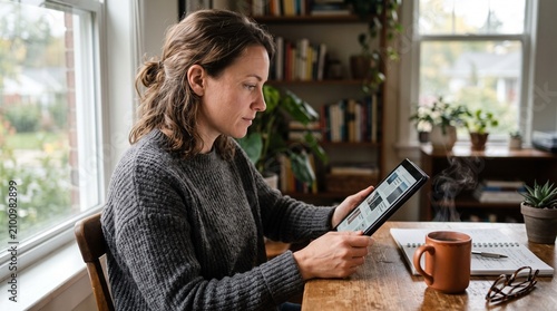 Remote Worker Reading News on Tablet with Coffee